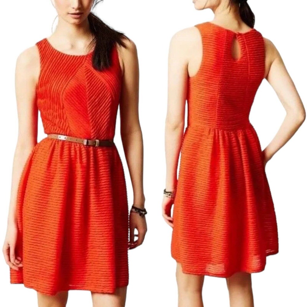 Bordeaux Anthropologie Womens Dress Mini Red Textured Fit Flare Keyhole Back M